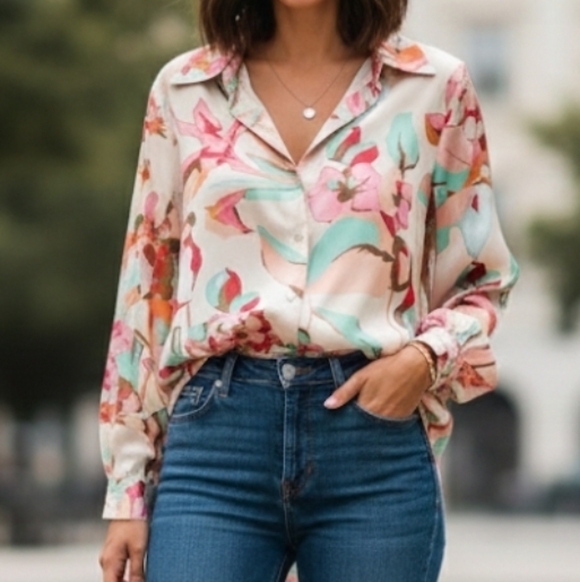 Zara Tops - Zara Cream Pink Teal Floral Long Sleeve Button-Down Collared Blouse, Size Medium